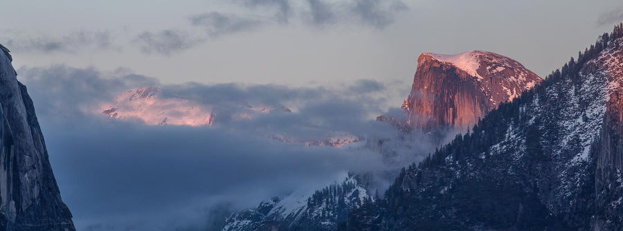 The day's last rays illuminating Cloud's Rest and Half Dome