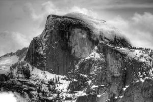 Black and White Image of a Snow Covered Half Dome