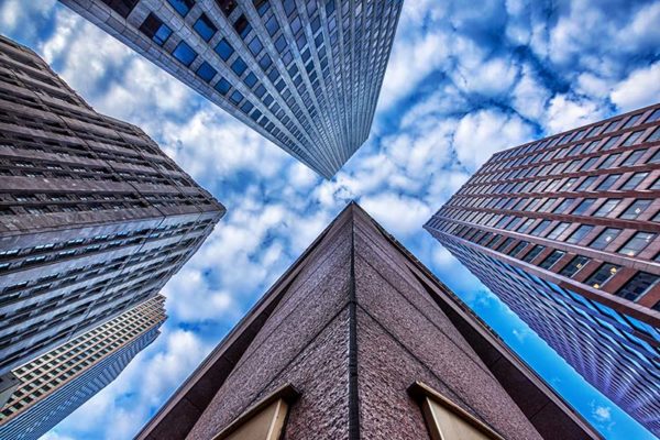 Wide angle view of skyscrapers and blue sky in New Orleans